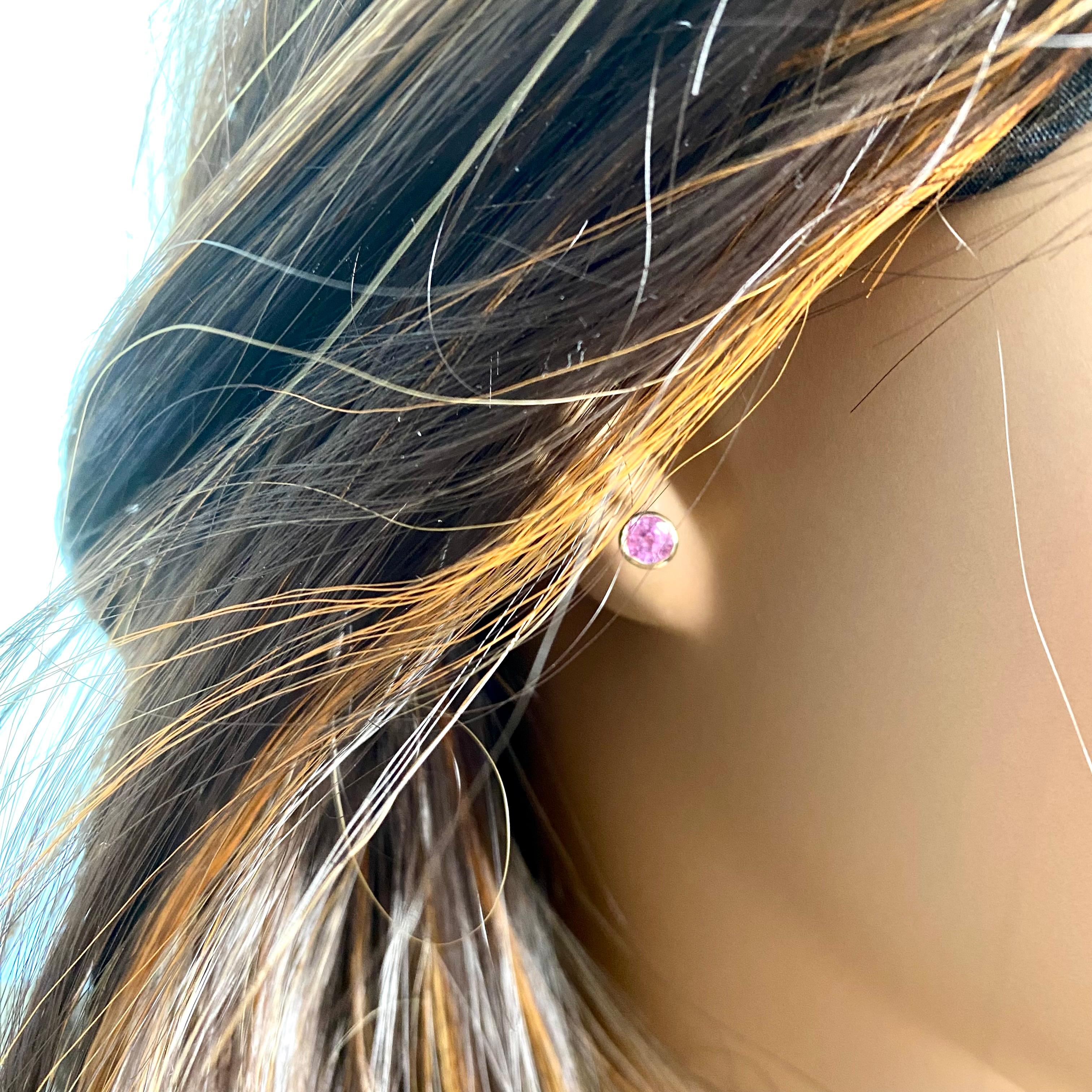 Bezel Set Pink Sapphire 0.40 Carat 0.15 Inch Yellow Gold Stud Earrings  For Sale 1