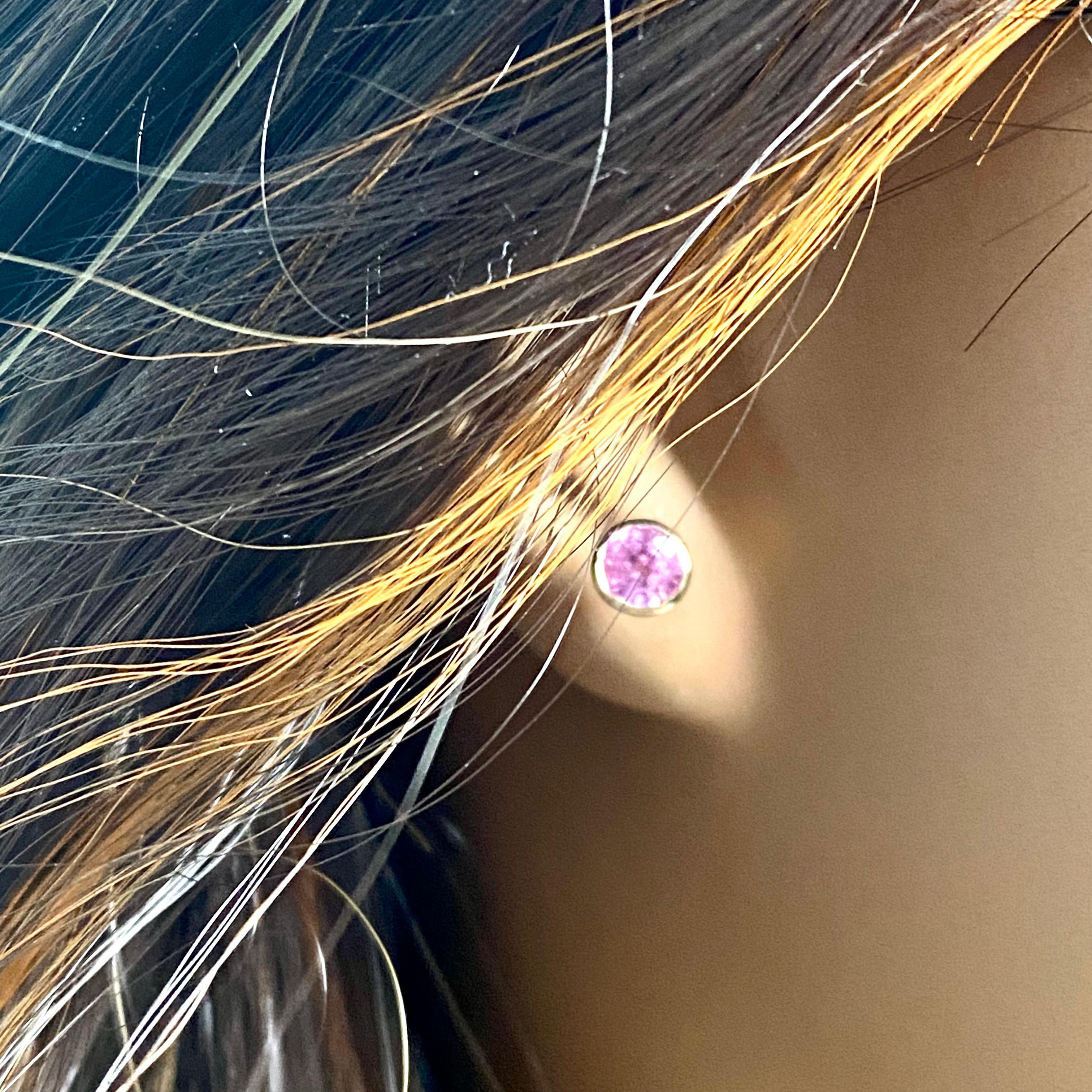 Contemporary Bezel Set Pink Sapphire 1.20 Carat 0.21 Inch Yellow Gold Stud Earrings 