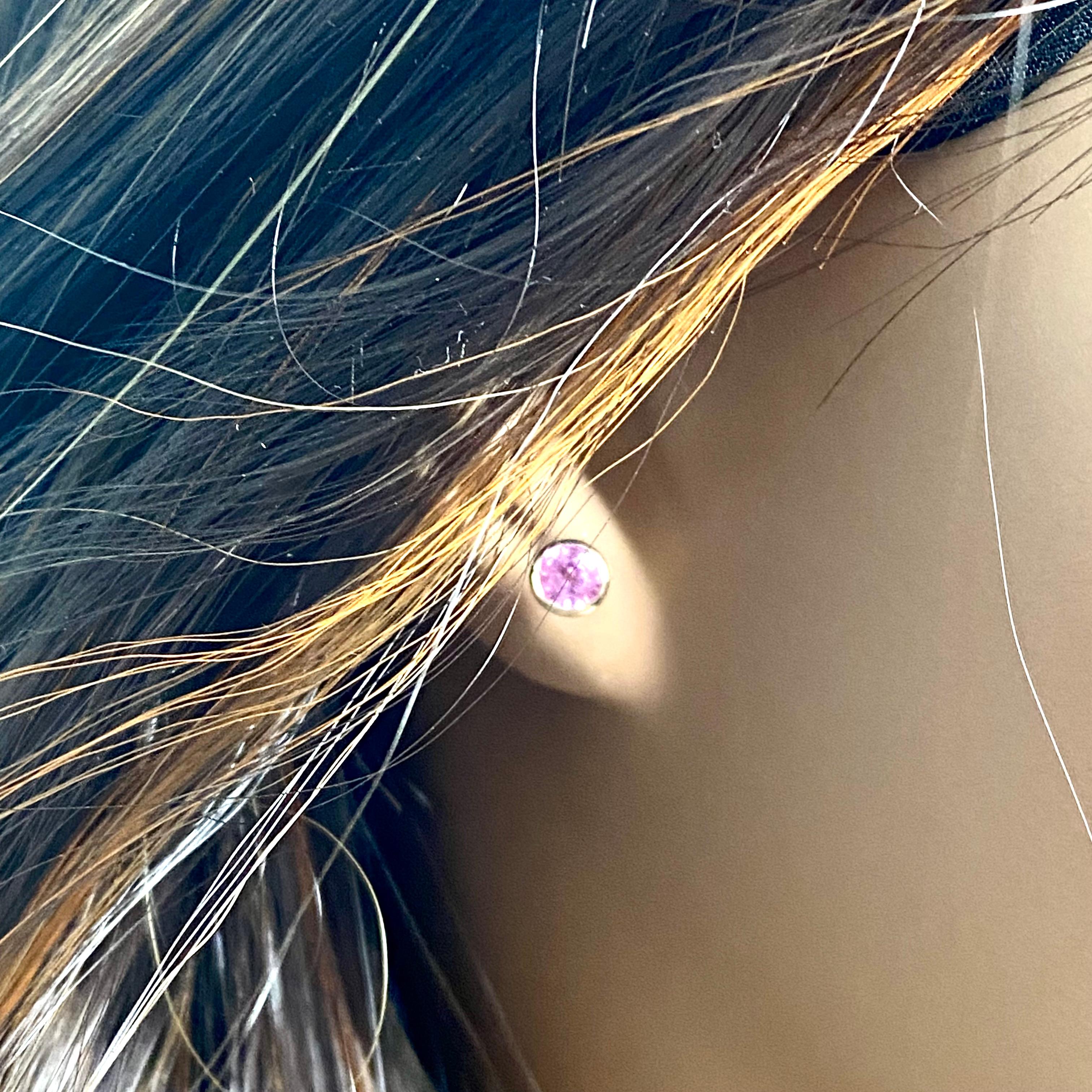 Round Cut Bezel Set Pink Sapphire 1.20 Carat 0.21 Inch Yellow Gold Stud Earrings 