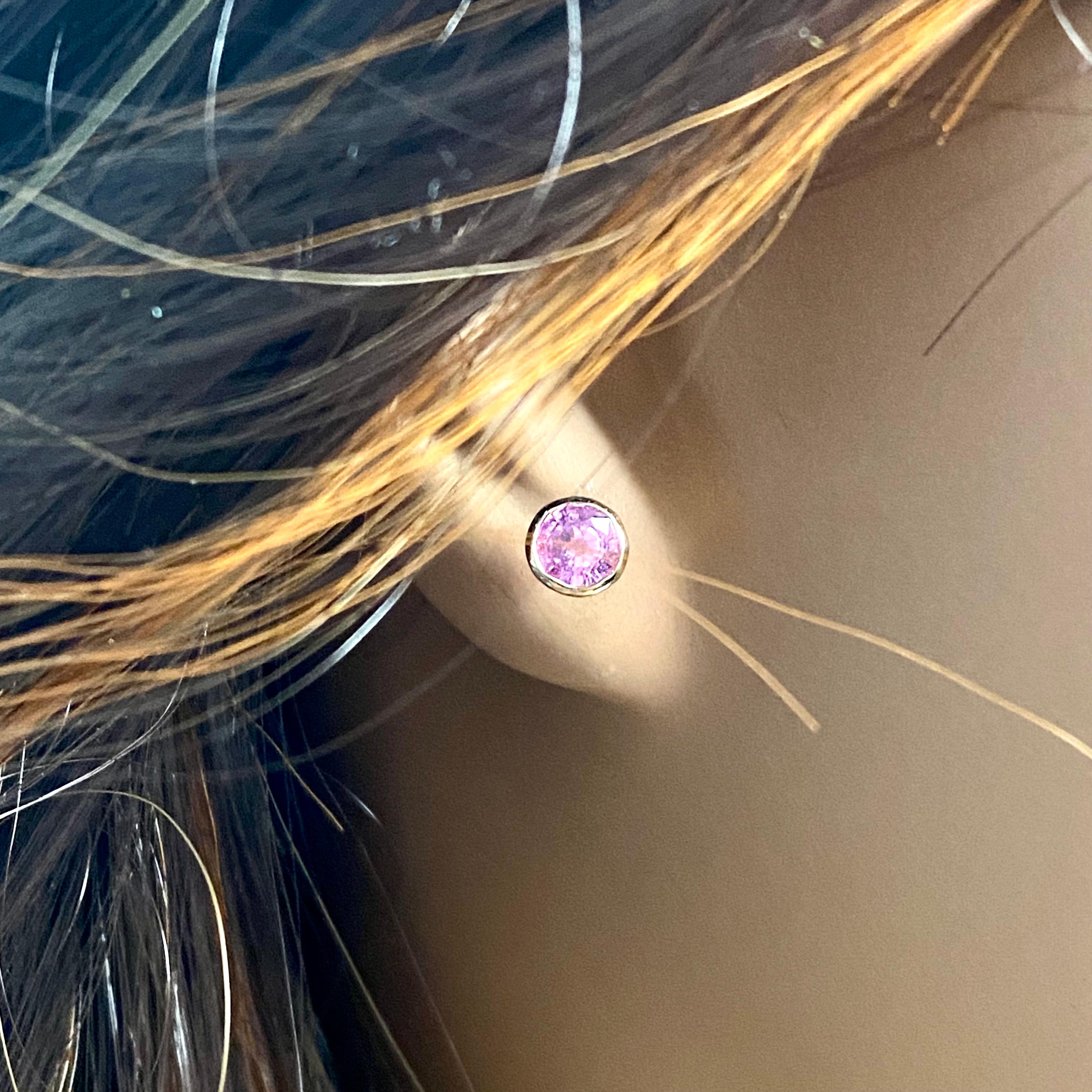 Women's or Men's Bezel Set Pink Sapphire 1.20 Carat 0.21 Inch Yellow Gold Stud Earrings 