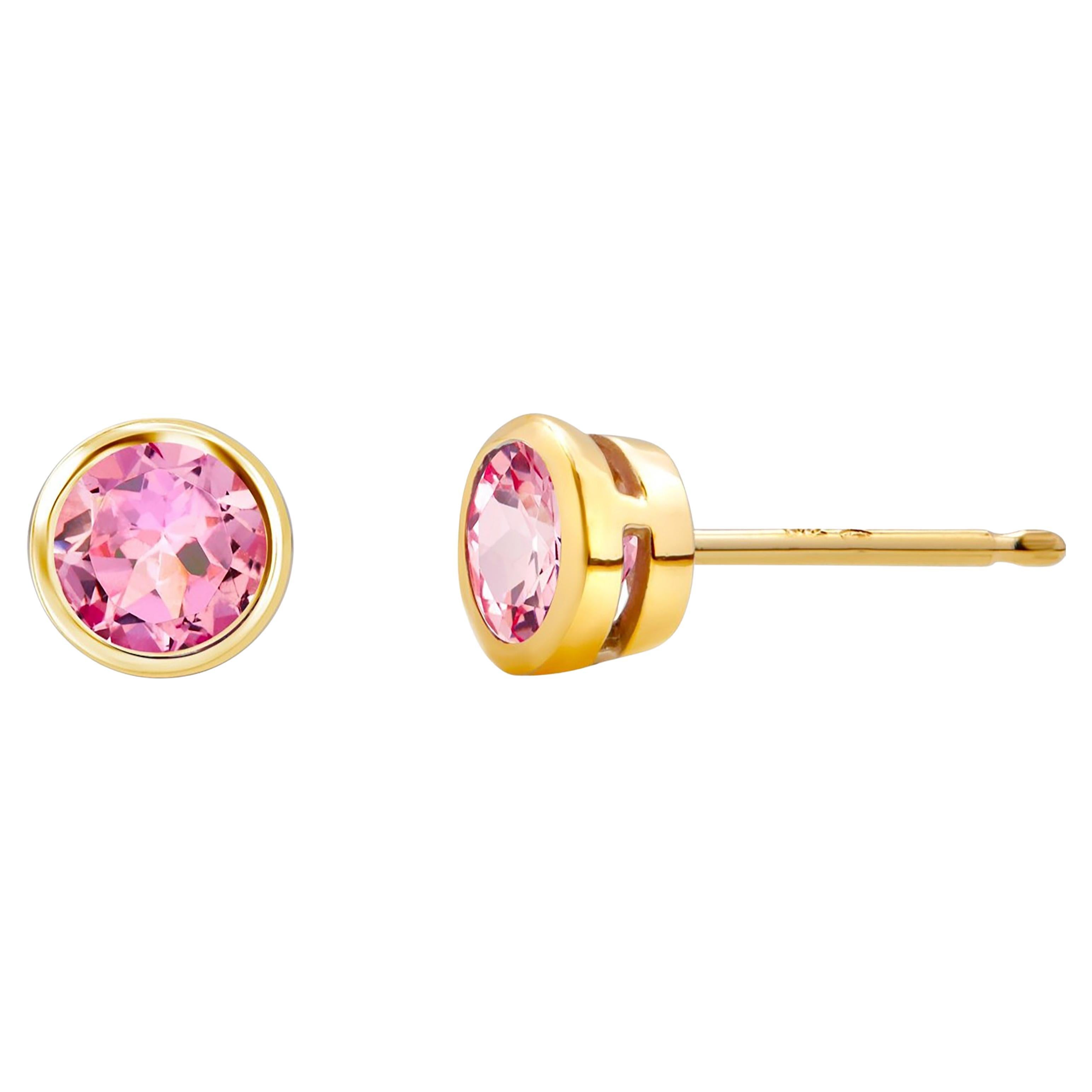 Bezel Set Pink Sapphire 1.20 Carat 0.21 Inch Yellow Gold Stud Earrings 