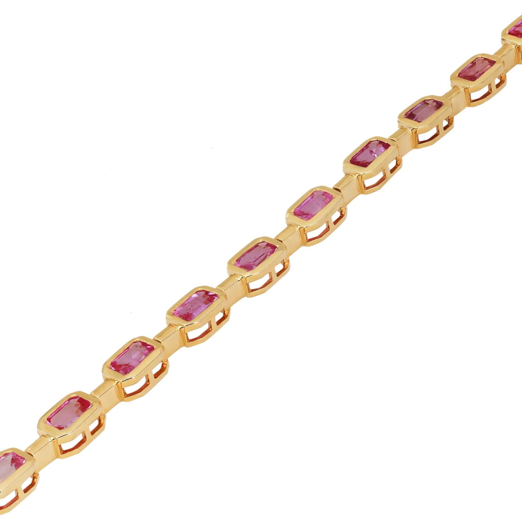 Modern Bezel Set Pink Sapphire Tennis Bracelet 14K Yellow Gold 5.28Cttw 7 Inches For Sale