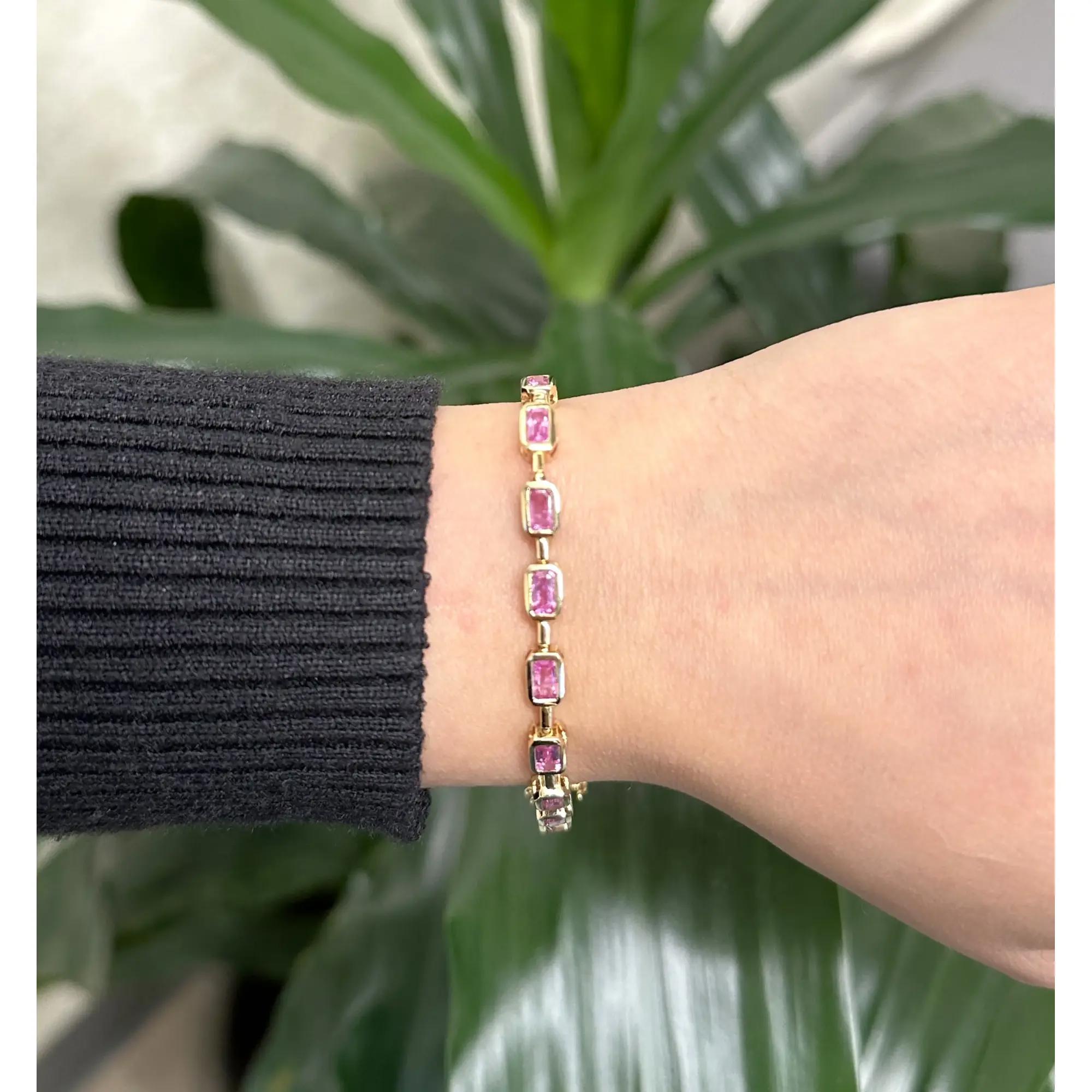 Emerald Cut Bezel Set Pink Sapphire Tennis Bracelet 14K Yellow Gold 5.28Cttw 7 Inches For Sale