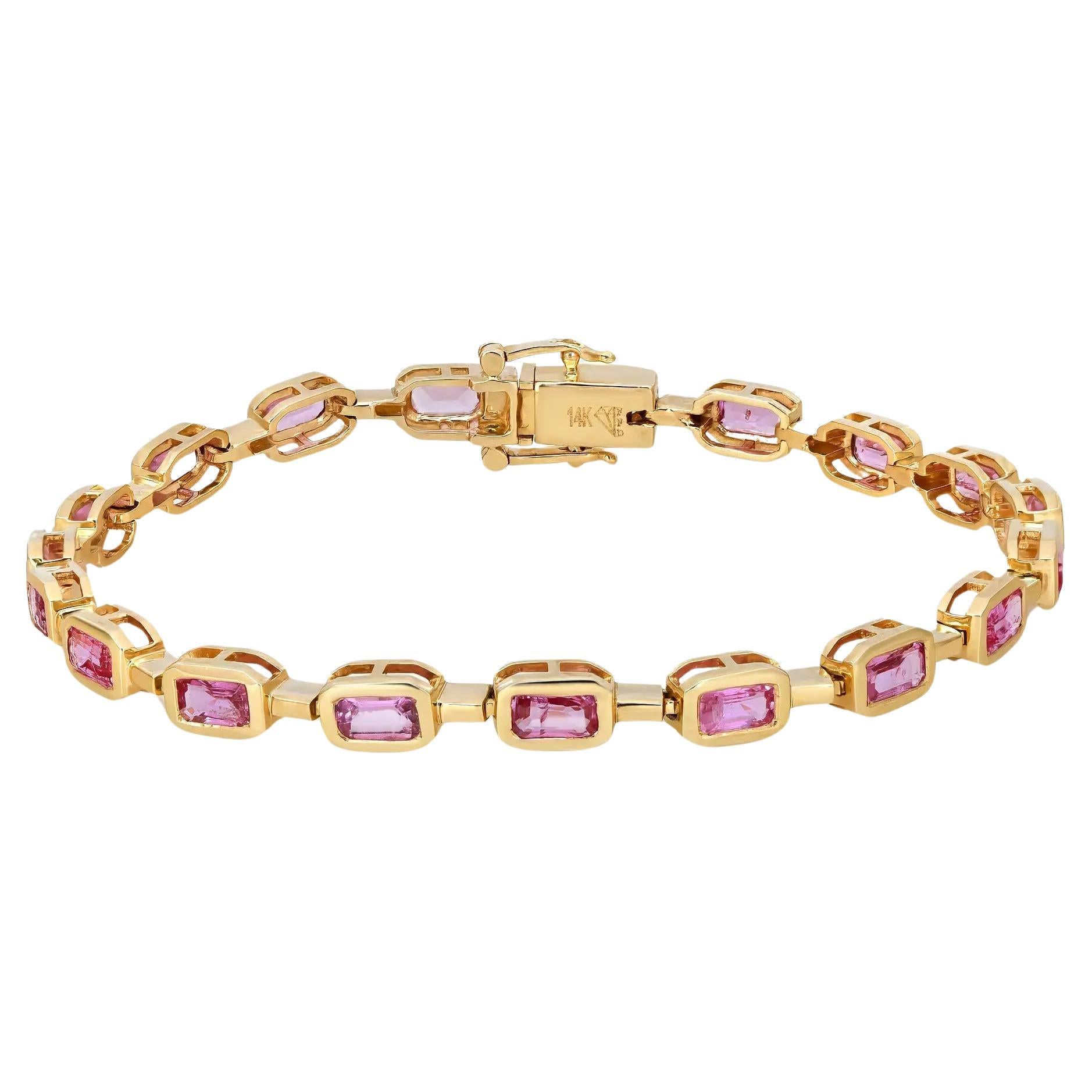 Bezel Set Pink Sapphire Tennis Bracelet 14K Yellow Gold 5.28Cttw 7 Inches For Sale