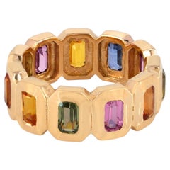 Bezel Set Rainbow Sapphire 14k Yellow Gold Full Eternity Band Ring Jewelry US 7