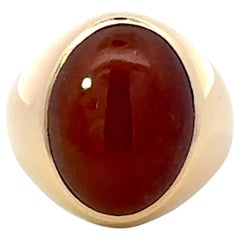 Bezel Set Red Brown Oval Cabochon Jade Ring 14k Yellow Gold