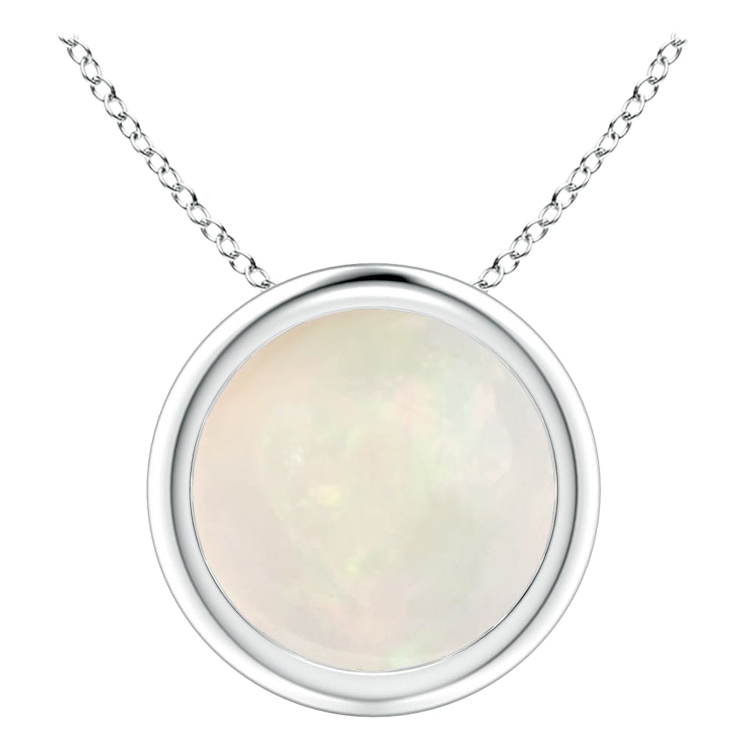 Bezel-Set Round 1.15 ct Opal Solitaire Pendant in 14K White Gold (Size-8mm) For Sale