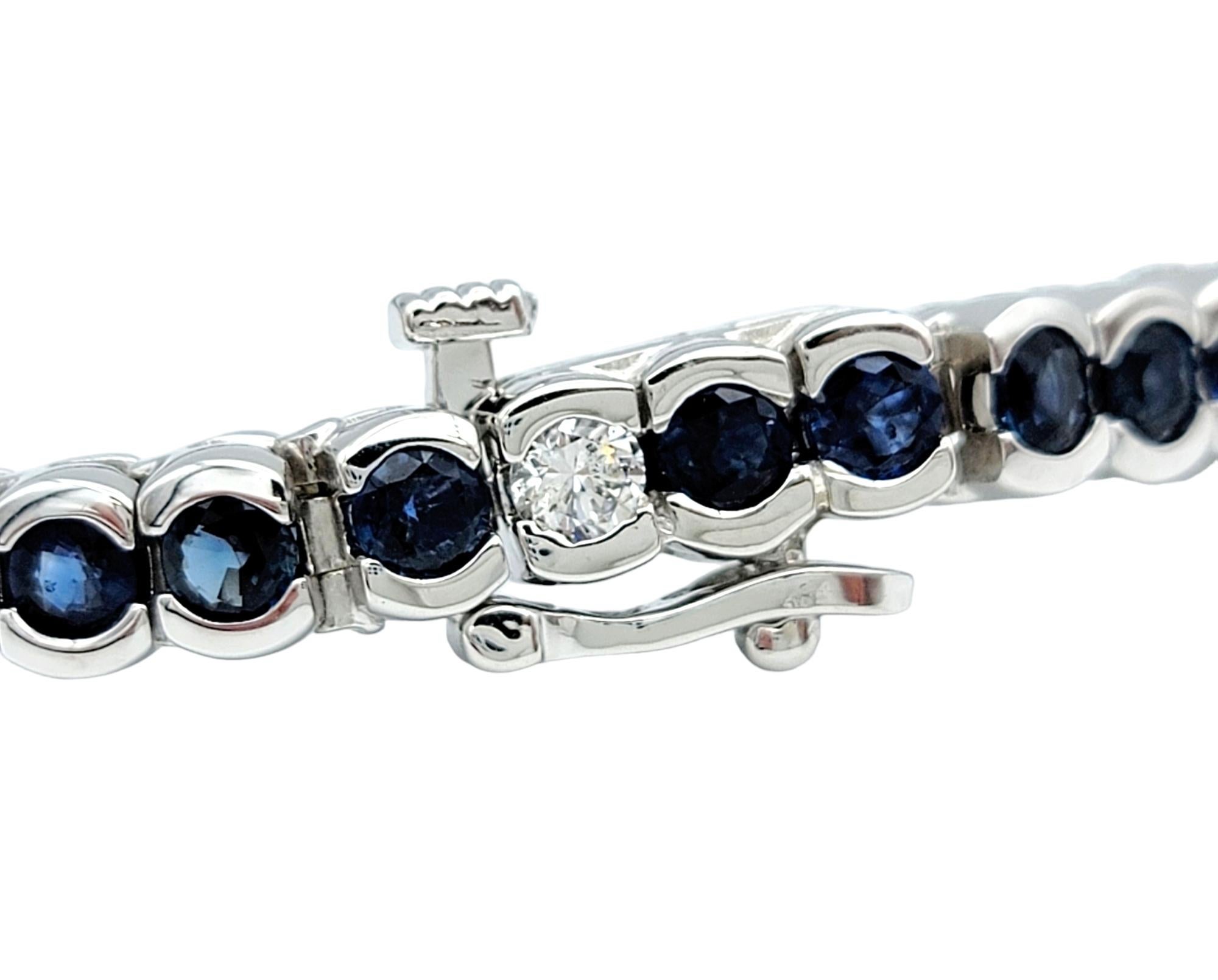 Round Cut Bezel Set Round Blue Sapphire & Diamond Tennis Bracelet in 14 Karat White Gold For Sale