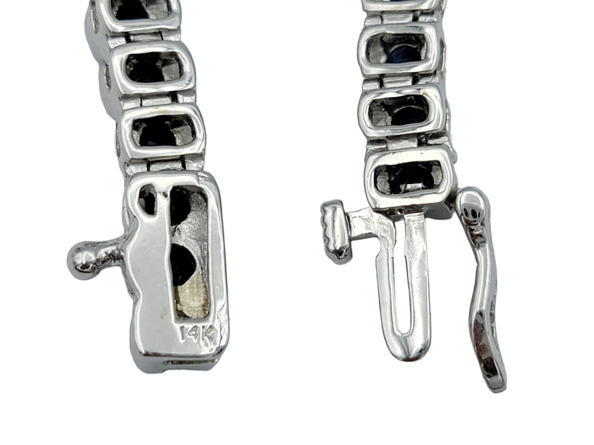 Women's Bezel Set Round Blue Sapphire & Diamond Tennis Bracelet in 14 Karat White Gold For Sale