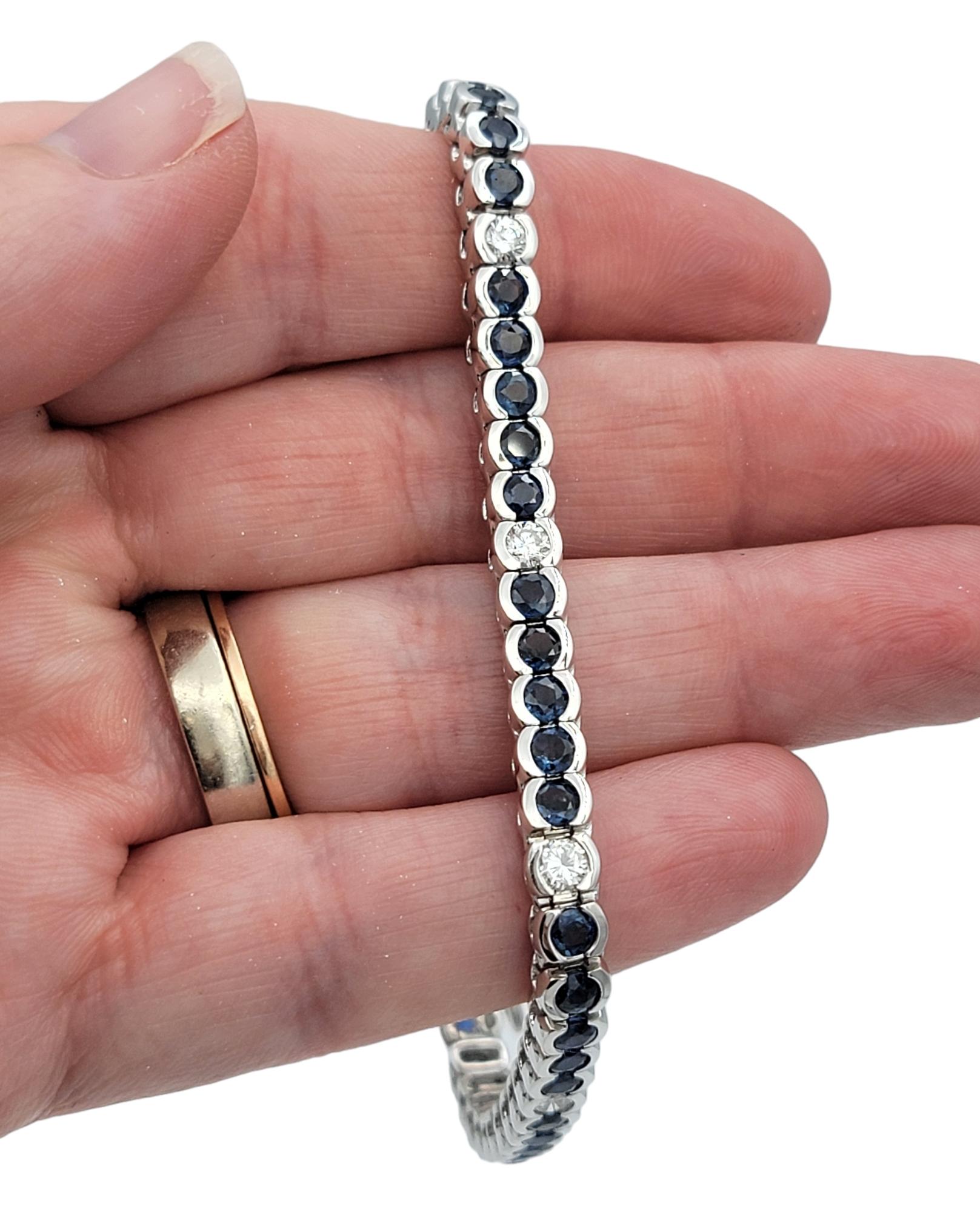 Bezel Set Round Blue Sapphire & Diamond Tennis Bracelet in 14 Karat White Gold For Sale 1