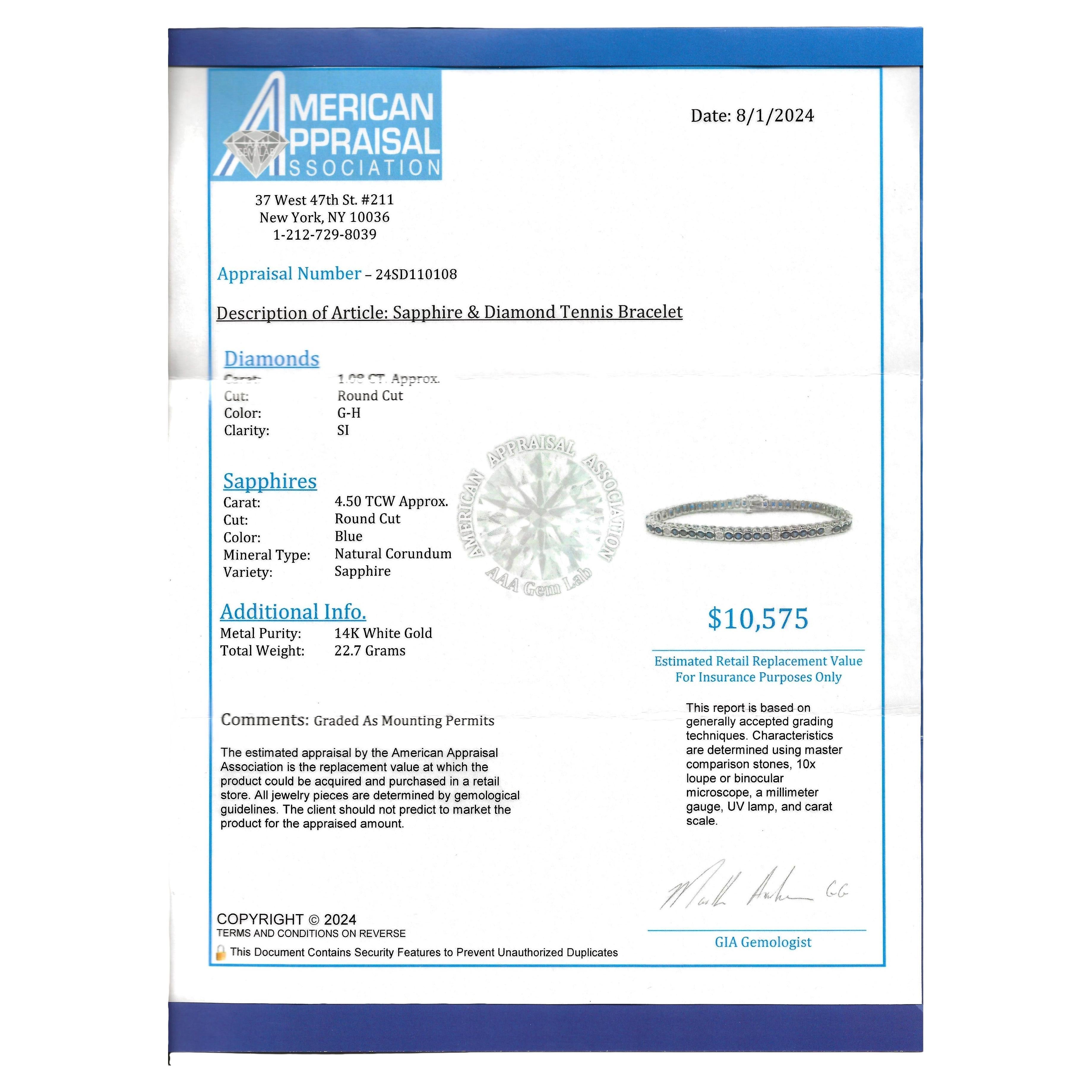 Bezel Set Round Blue Sapphire & Diamond Tennis Bracelet in 14 Karat White Gold For Sale 3