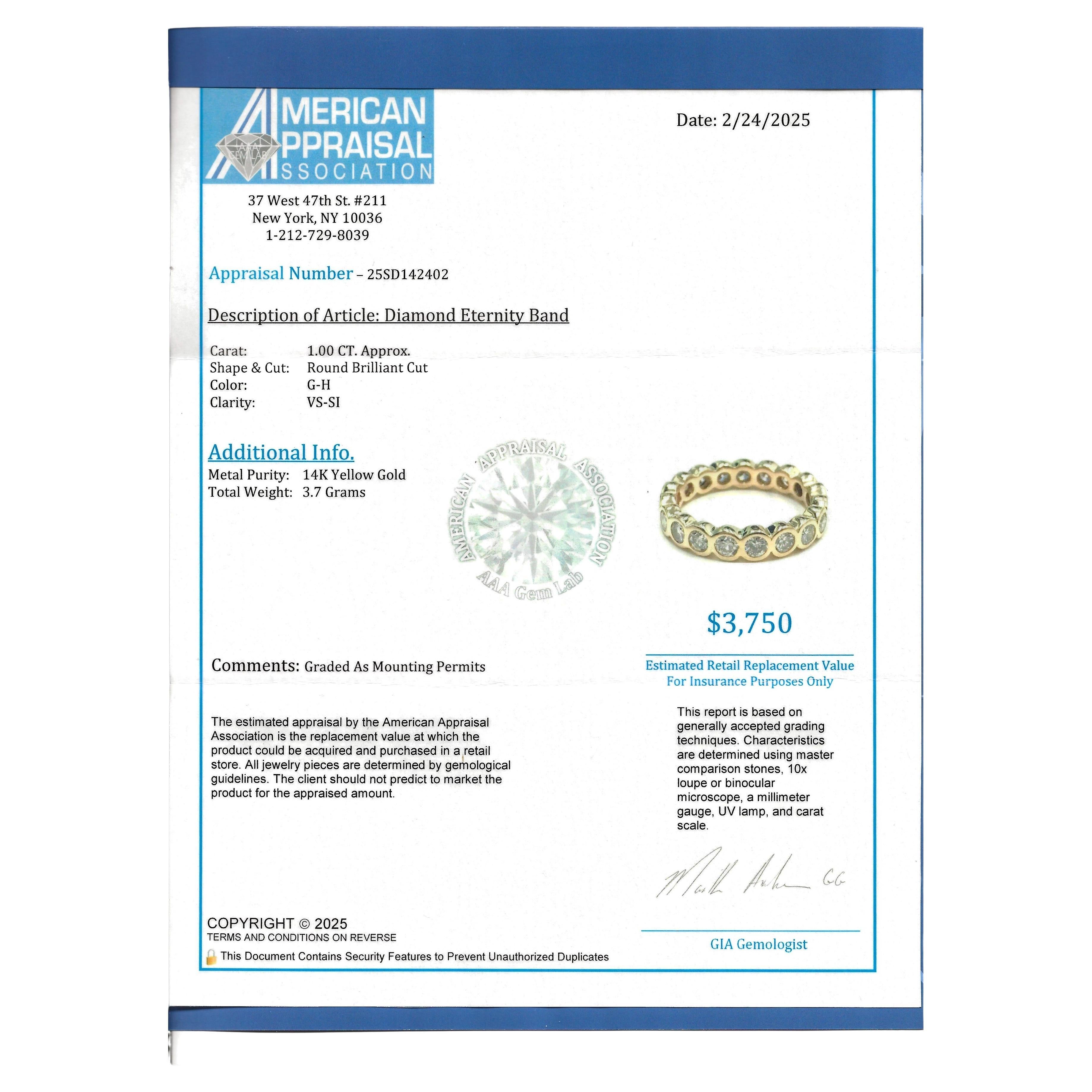 Bezel Set Round Brilliant Cut Diamond Eternity Band in 14 Karat Yellow Gold For Sale 4