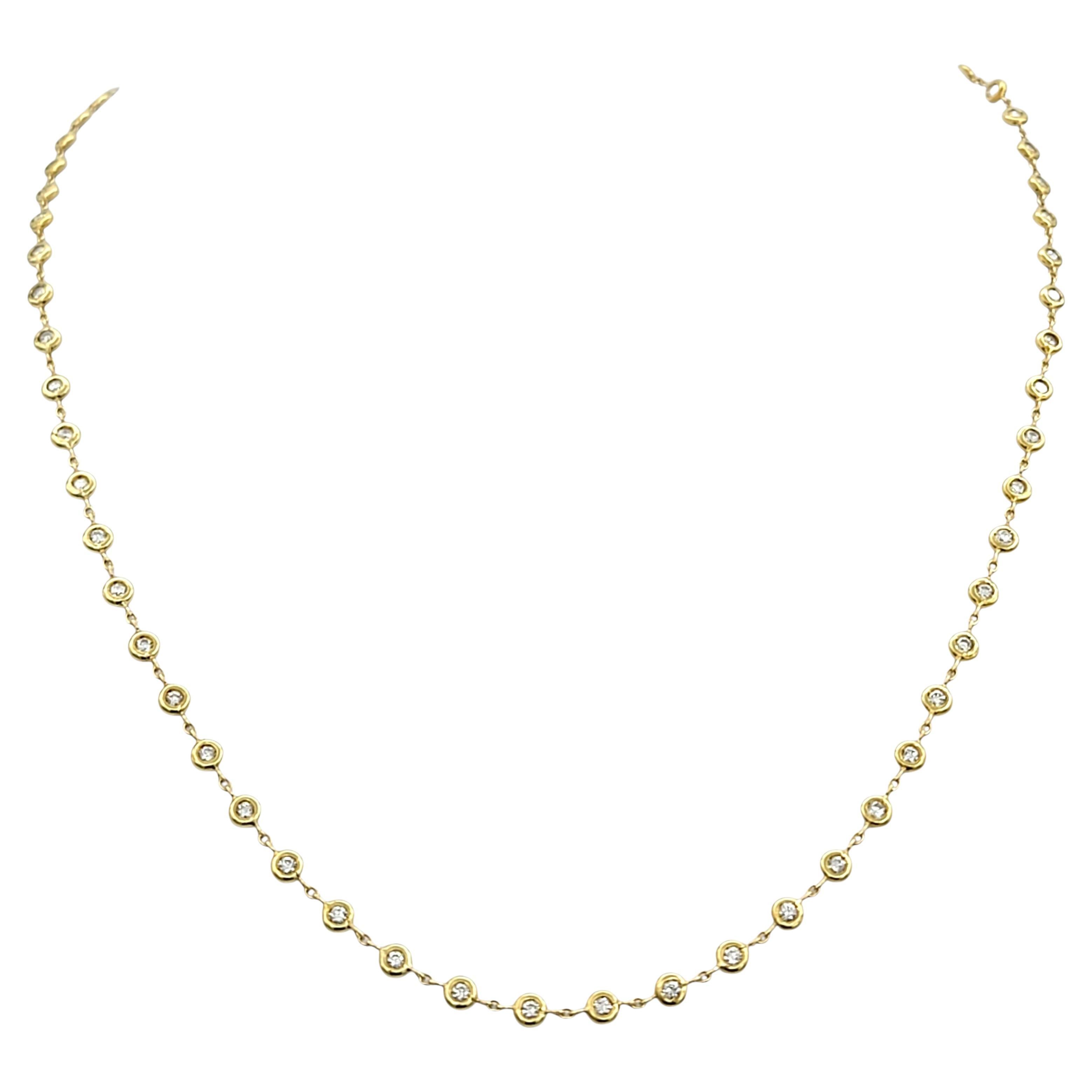 Bezel Set Round Brilliant Diamond Station Necklace in 18 Karat Yellow Gold For Sale