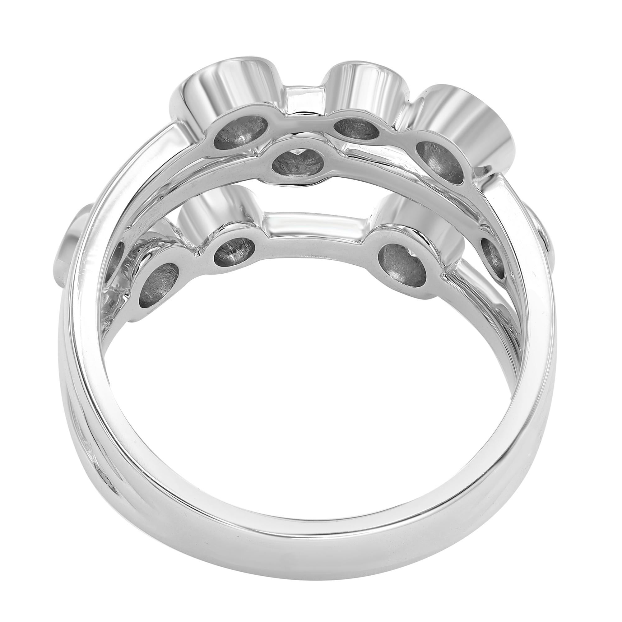 Modern Bezel Set Round Cut Diamond Fancy Ring 18K White Gold 0.68cttw For Sale