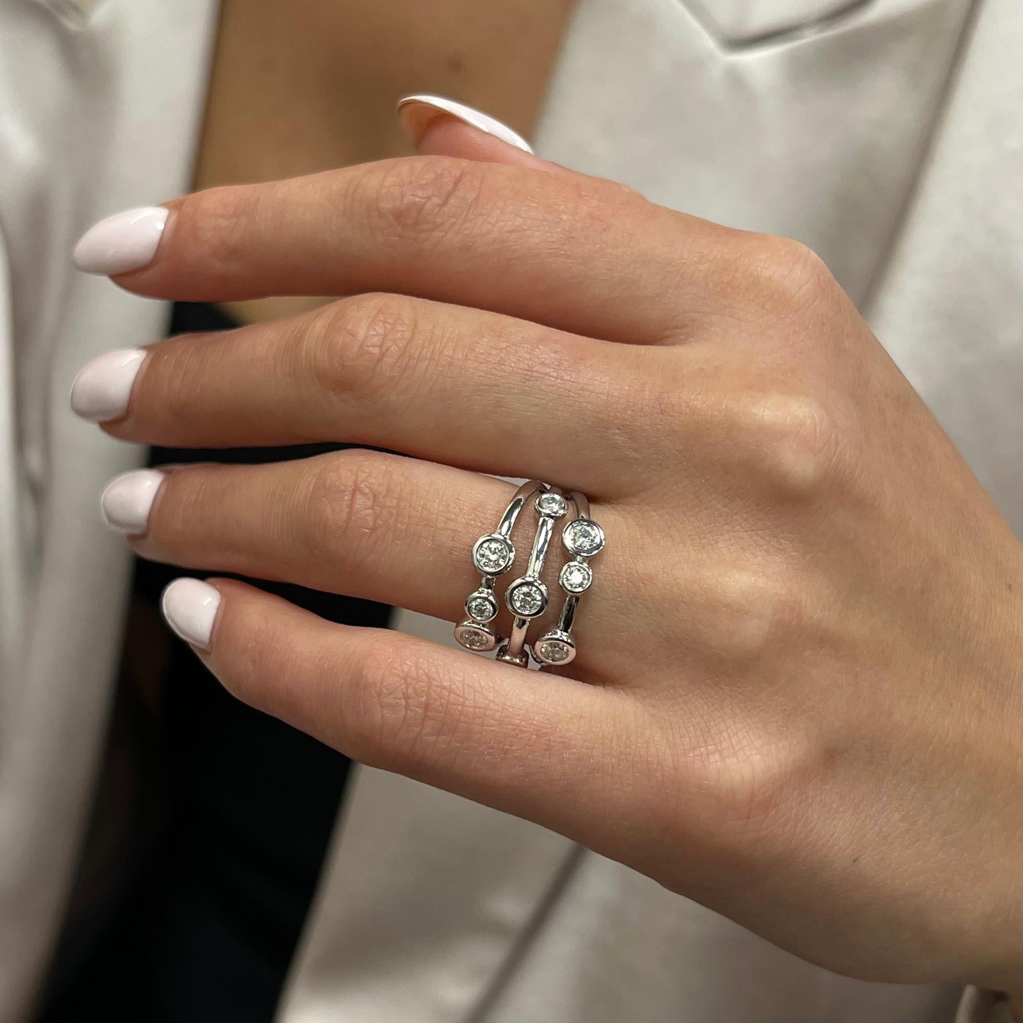 Bezel Set Round Cut Diamond Fancy Ring 18K White Gold 0.68cttw For Sale 1