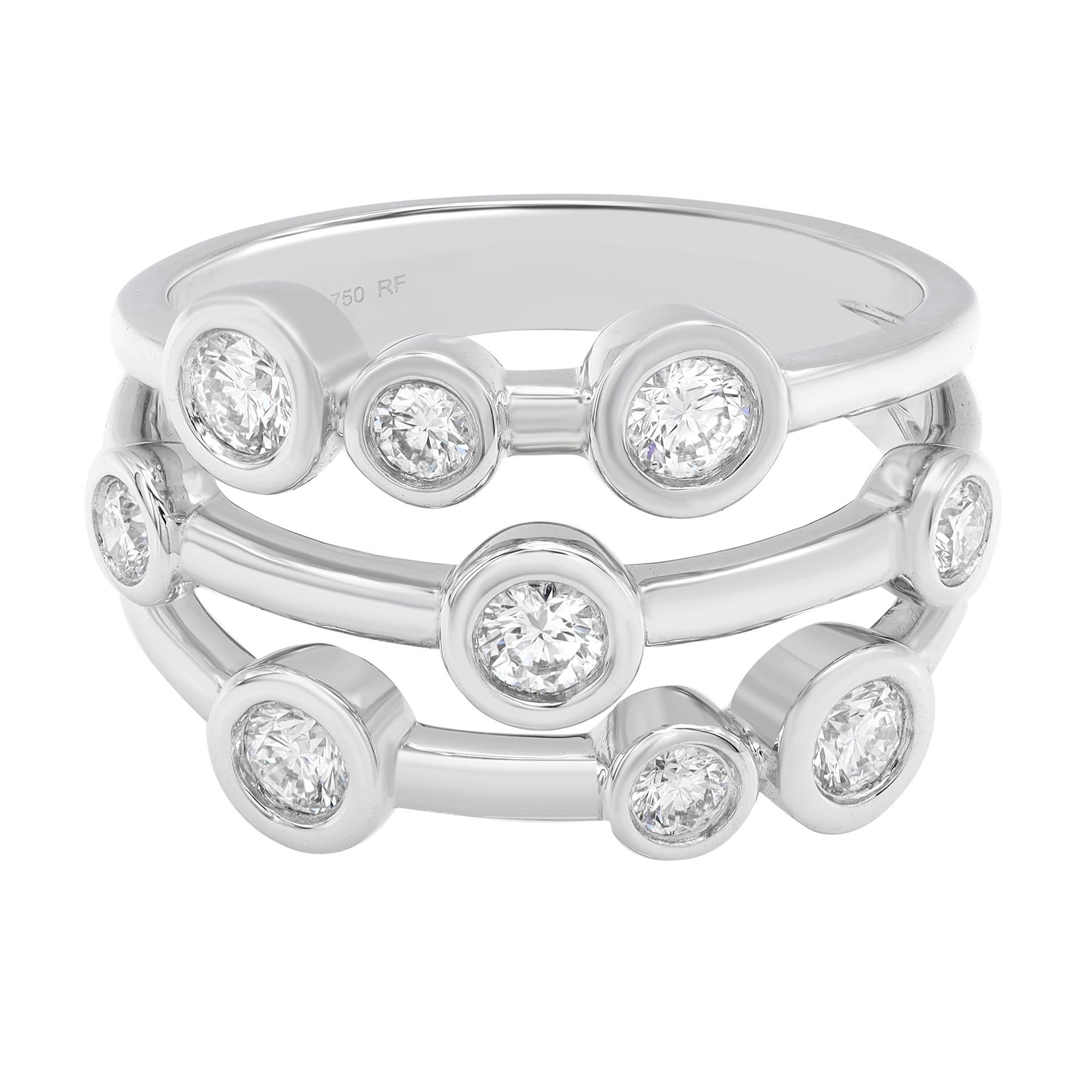 Bezel Set Round Cut Diamond Fancy Ring 18K White Gold 0.68cttw For Sale
