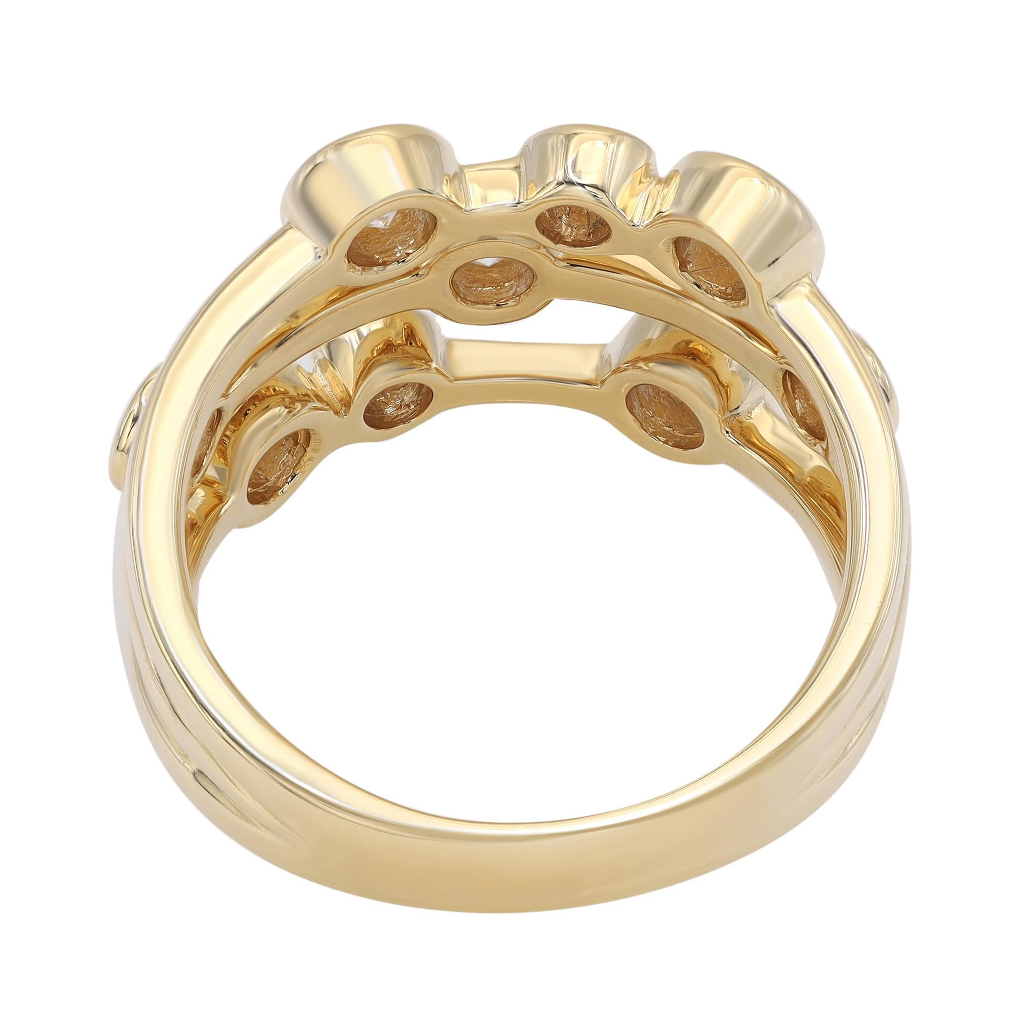 Speak of the bold and beautiful diamond ring design. This ring features 9 bezel set fine round brilliant cut diamonds crafted in high polished 18k yellow gold. Total diamond weight: 0.69 carat with color G-H and VS-SI clarity. Ring size: 6.75. Ring