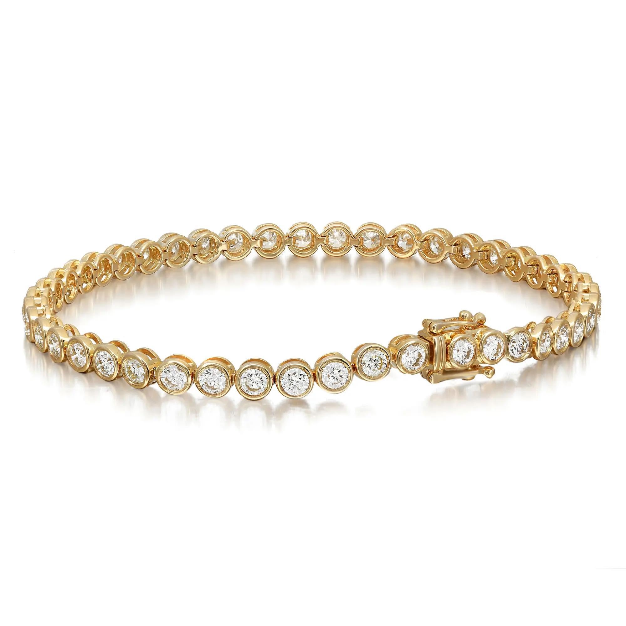 Get a classic look with easy elegance. This diamond tennis bracelet is expertly crafted in 18K yellow gold. Features 45 bezel set dazzling round cut diamonds with a total weight of 3.98 carats. Diamond color G-H and VS-SI clarity. Bracelet length: 7