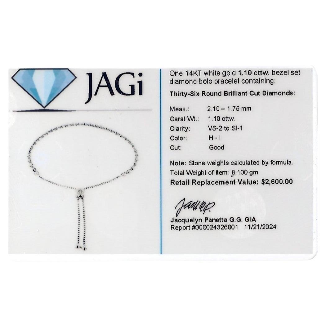 Pulsera ajustable estilo bolo de oro blanco de 14 quilates con diamantes redondos engastados en bisel en venta 5