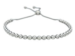 Bezel Set Round Diamond Adjustable Bolo Style Bracelet in 14 Karat White Gold