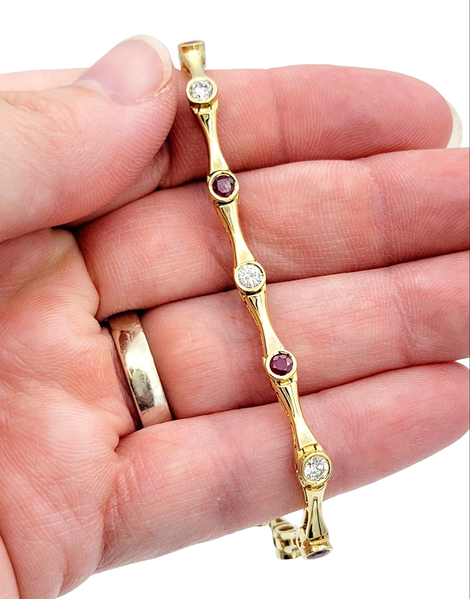 Women's Bezel Set Round Diamond and Ruby Link Bracelet Set in 14 Karat Yellow Gold For Sale