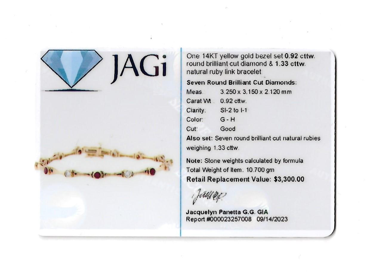 Bezel Set Round Diamond and Ruby Link Bracelet Set in 14 Karat Yellow Gold For Sale 2