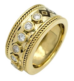 Bezel Set Round Diamond Geometric Motif Wide Band Ring in 18 Karat Yellow Gold