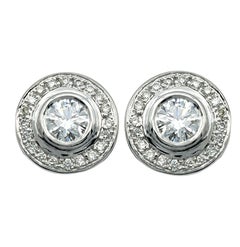 Bezel Set Round Diamond Halo Design Stud Earrings in 14 Karat White Gold
