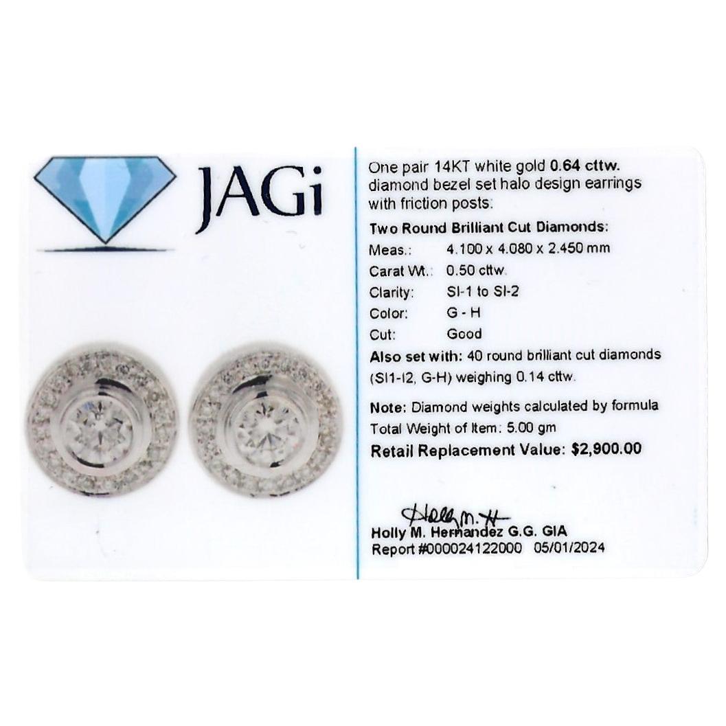 Bezel Set Round Diamond Halo Design Stud Earrings in 14 Karat White Gold For Sale 2