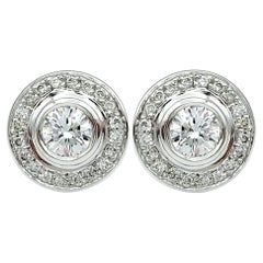 Bezel Set Round Diamond Halo Design Stud Earrings in 14 Karat White Gold