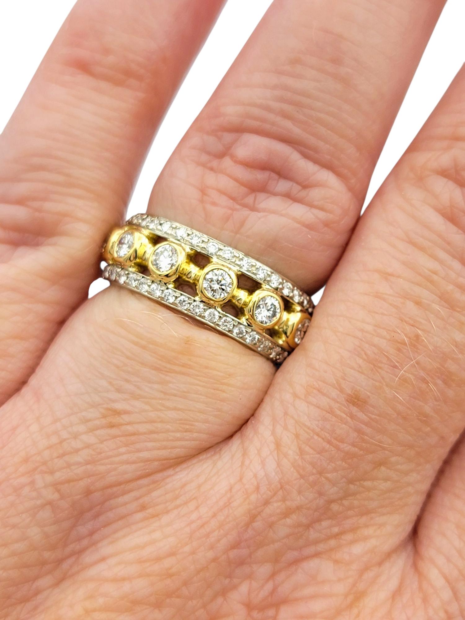 Bezel Set Round Diamond Multi Row Eternity Band Ring in Two-Tone 18 Karat Gold in vendita 2