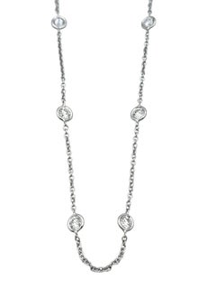Bezel Set Round Diamond Station Necklace in 18 Karat White Gold