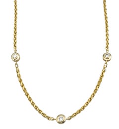 Bezel Set Round Diamond Wheat Chain Station Necklace in 18 Karat Yellow Gold