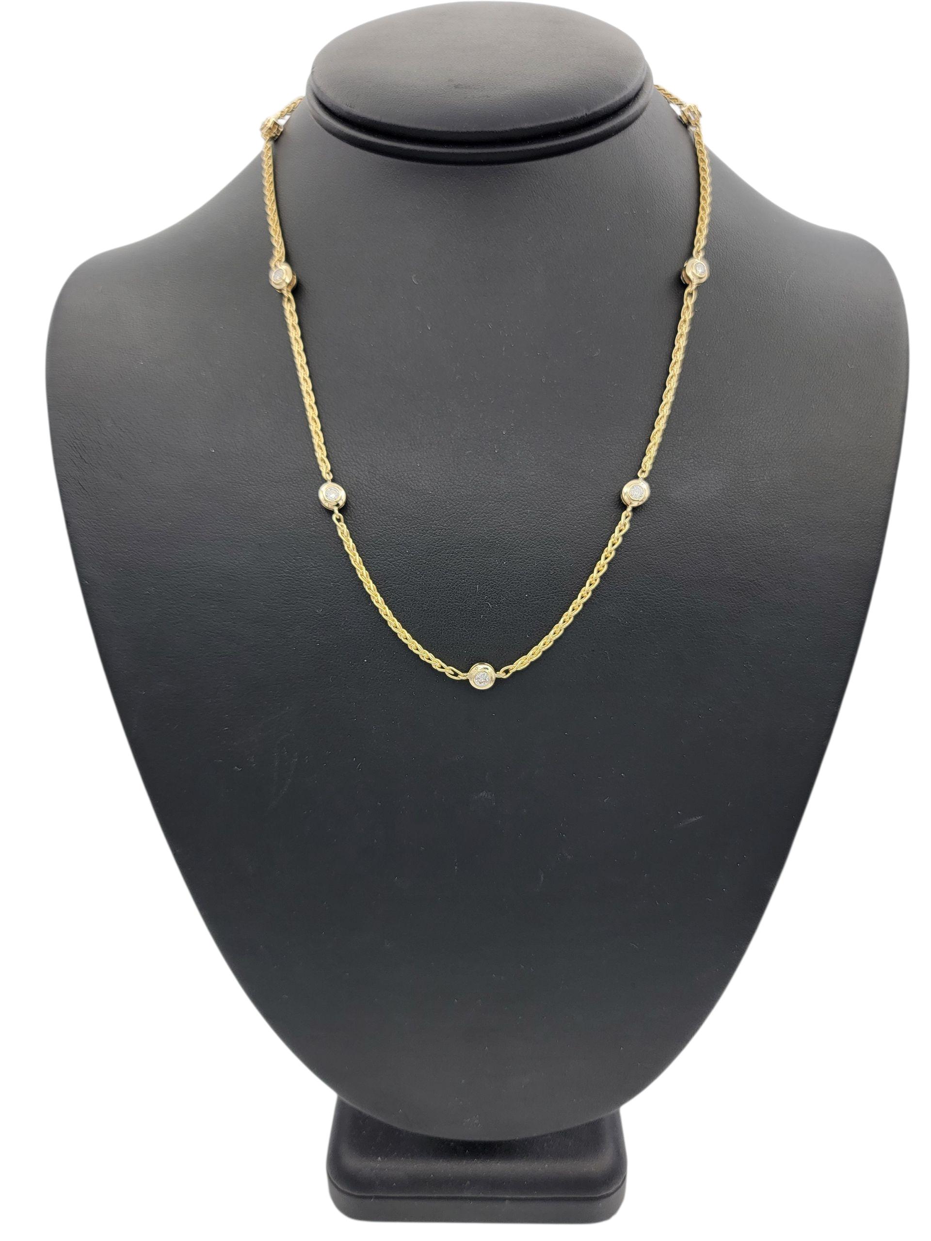 Women's Bezel Set Round Diamond Wheat Chain Station Necklace in 18 Karat Yellow Gold For Sale