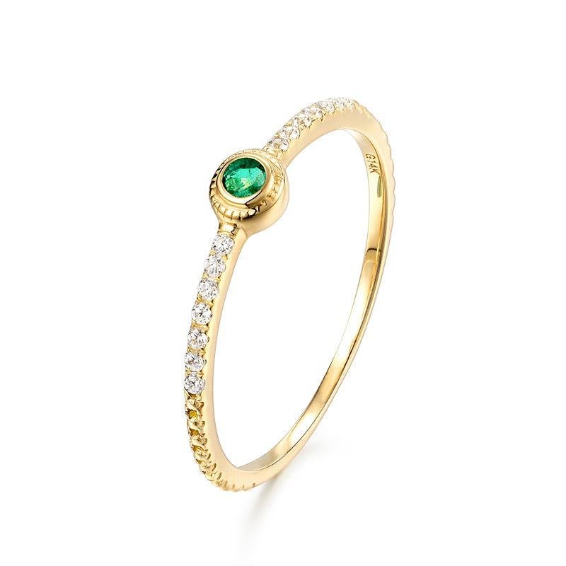 Im Angebot: Lünette Set Runde Smaragd Pave Diamant 14K Gelbgold Ring () 4