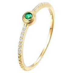 Bezel Set Round Emerald Pave Diamond 14K Yellow Gold Ring