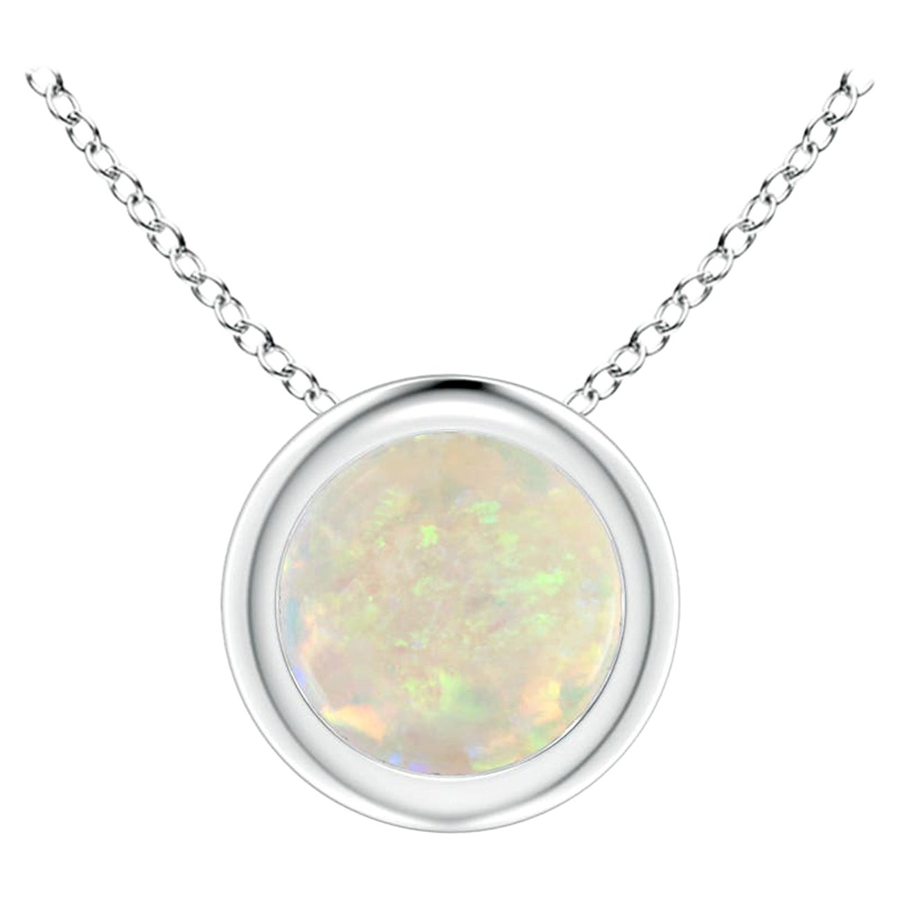 Bezel-Set Round Opal Solitaire Pendant in 14K White Gold for Women (Size-5mm)
