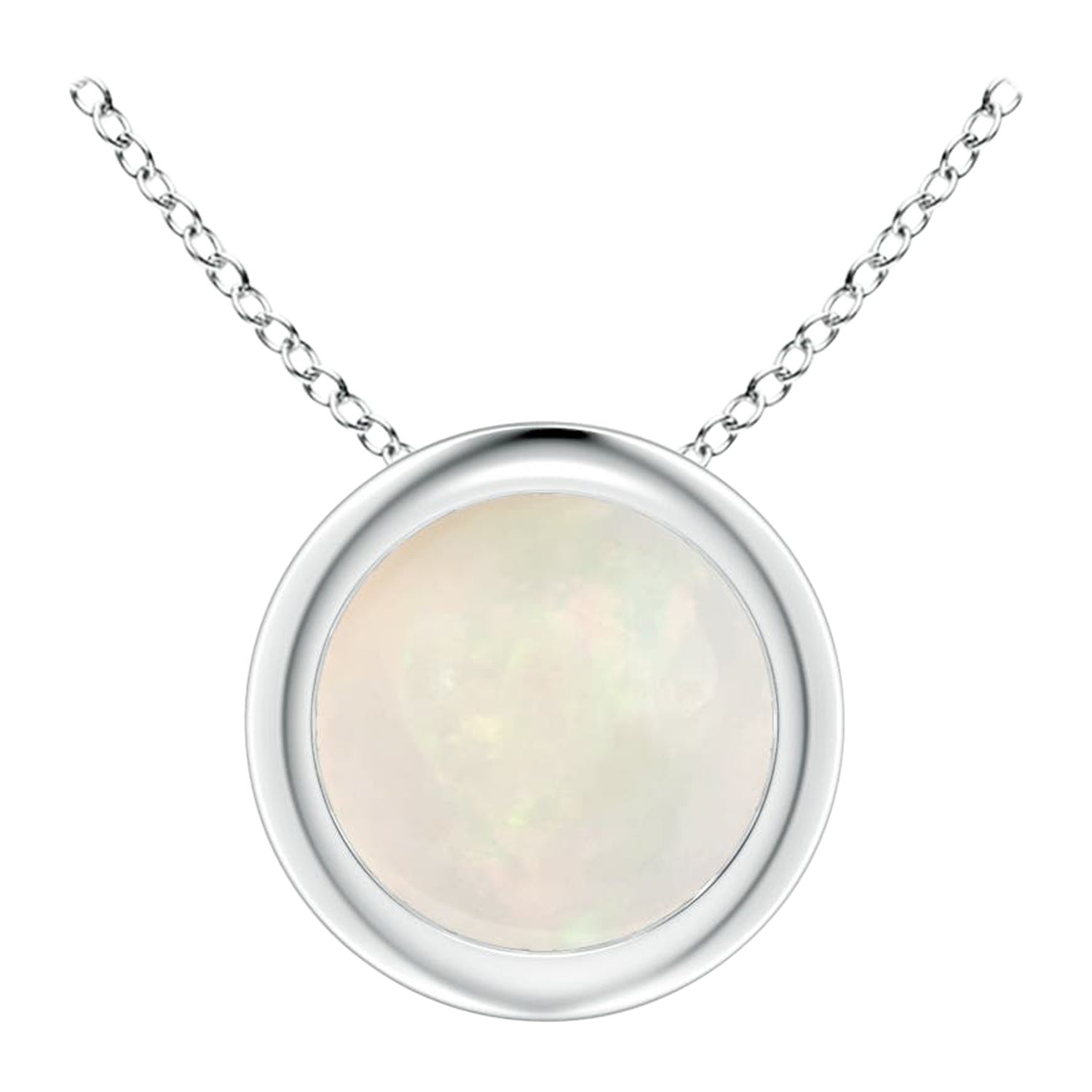 Bezel-Set Round Opal Solitaire Pendant in 14K White Gold for Women (Size-6mm)