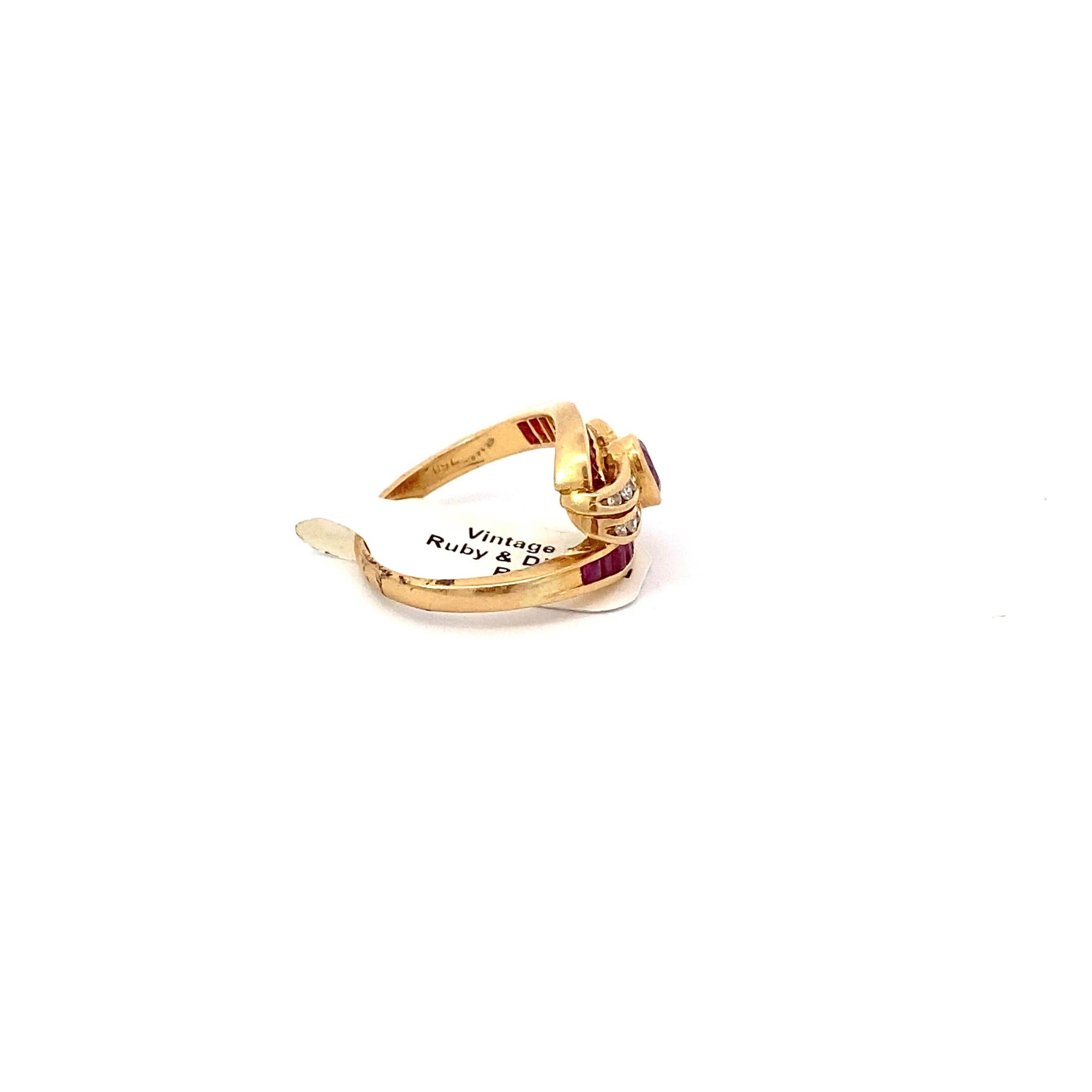 Modern Bezel Set Ruby Vintage Cluster Ring with Channel Set Diamonds & Ruby Baguettes  For Sale
