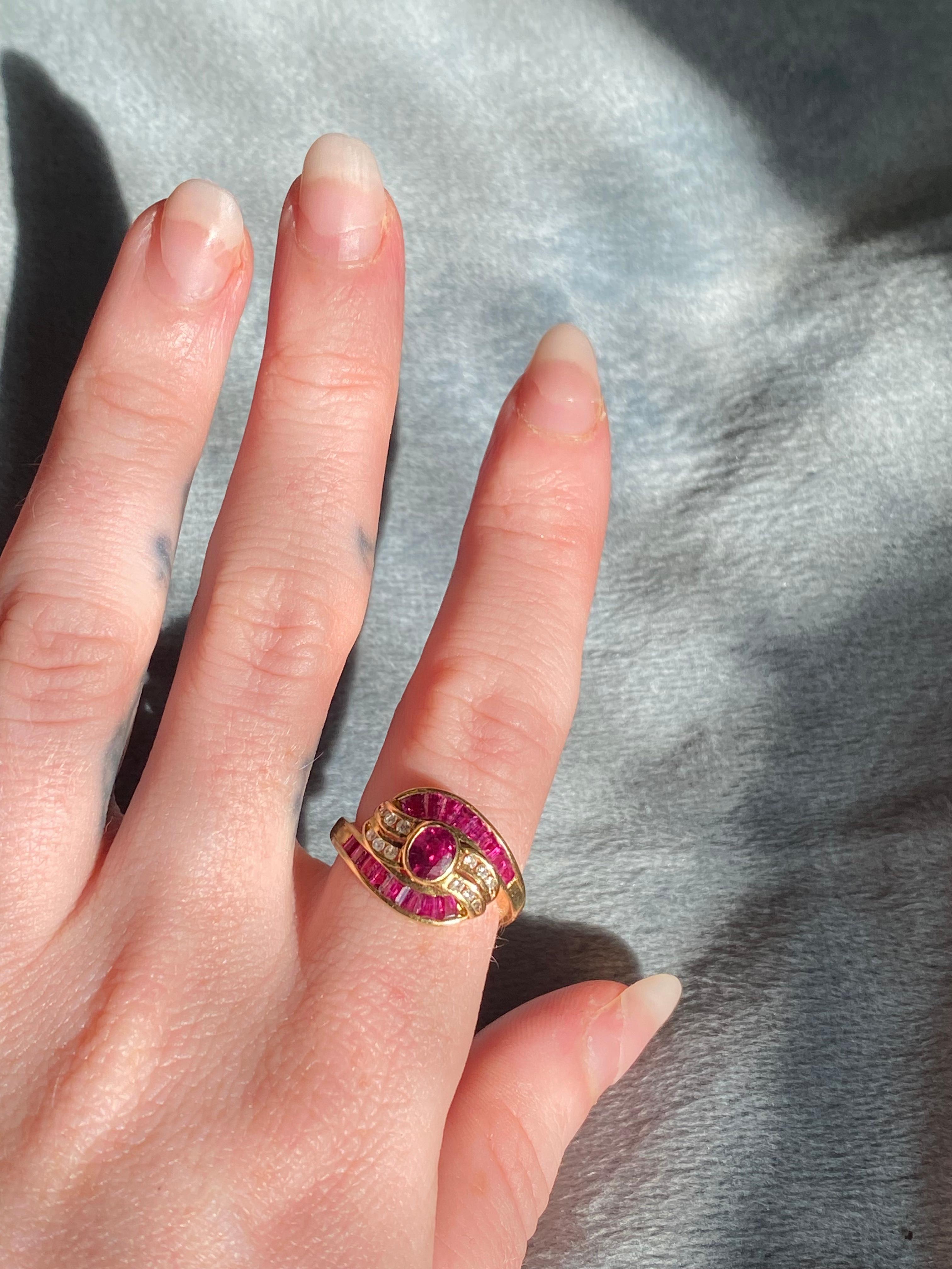 Women's or Men's Bezel Set Ruby Vintage Cluster Ring with Channel Set Diamonds & Ruby Baguettes  For Sale