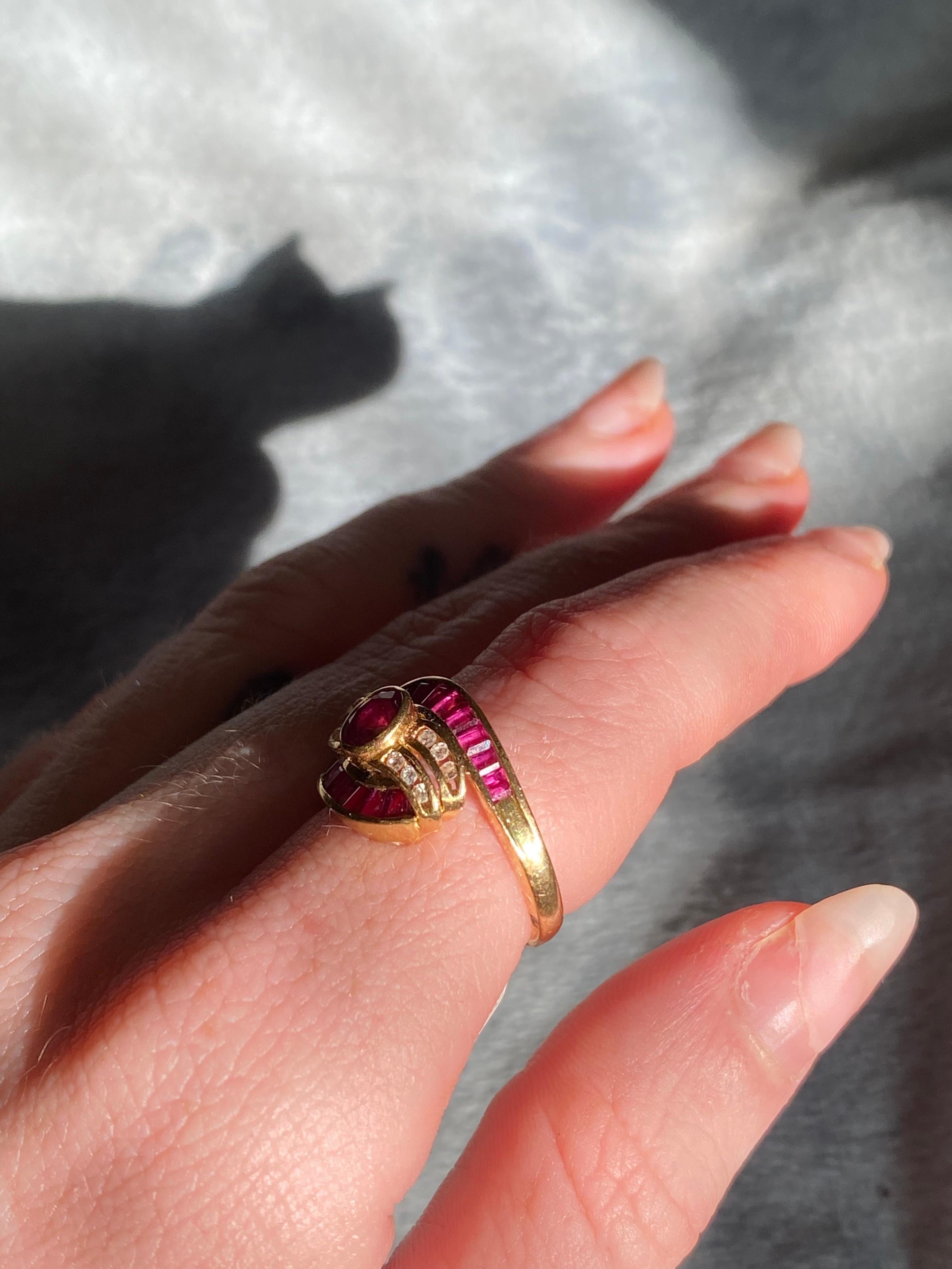 Bezel Set Ruby Vintage Cluster Ring with Channel Set Diamonds & Ruby Baguettes  For Sale 1