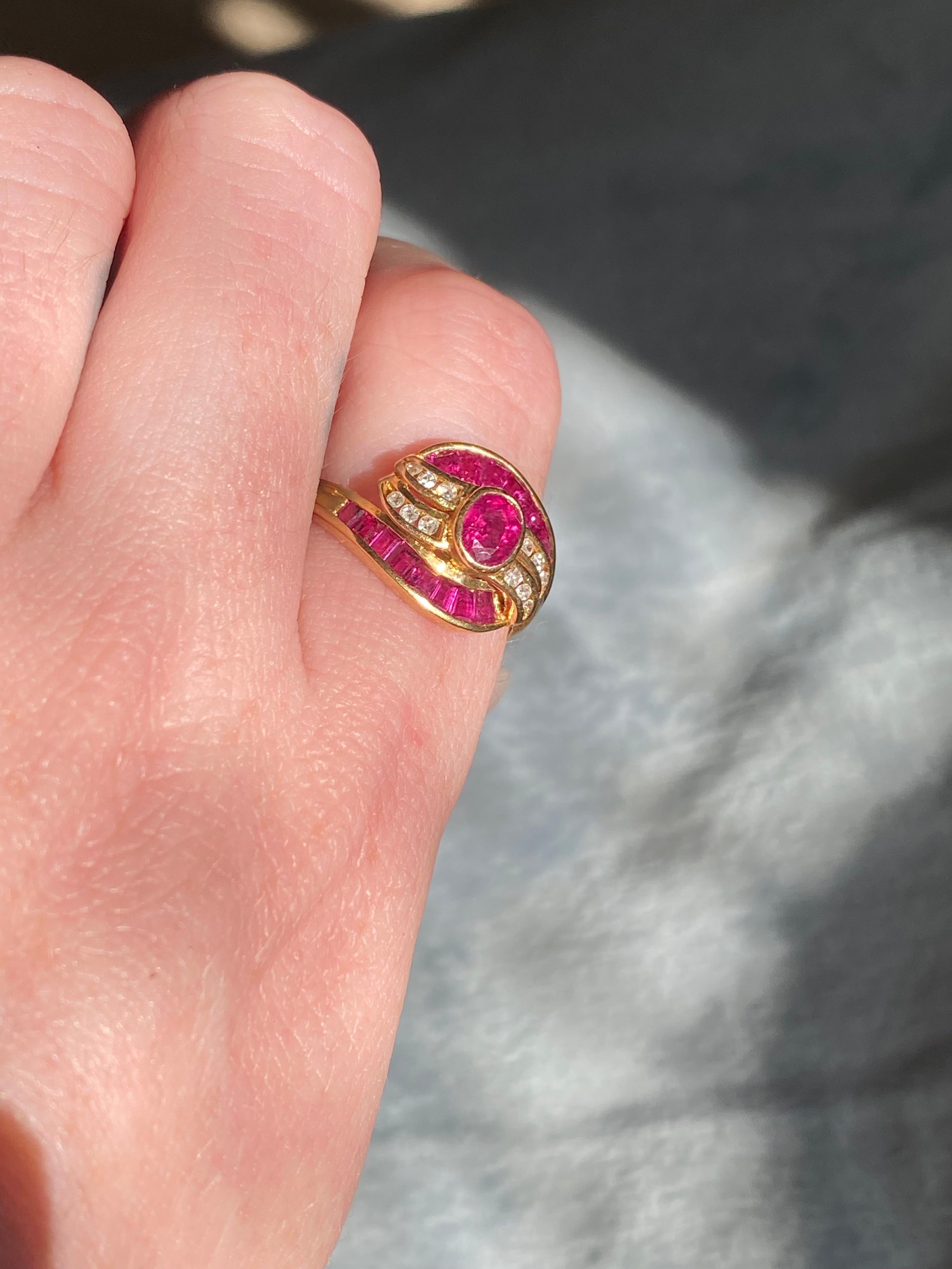 Bezel Set Ruby Vintage Cluster Ring with Channel Set Diamonds & Ruby Baguettes  For Sale 2