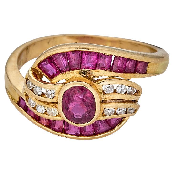 Bezel Set Ruby Vintage Cluster Ring with Channel Set Diamonds & Ruby Baguettes  For Sale