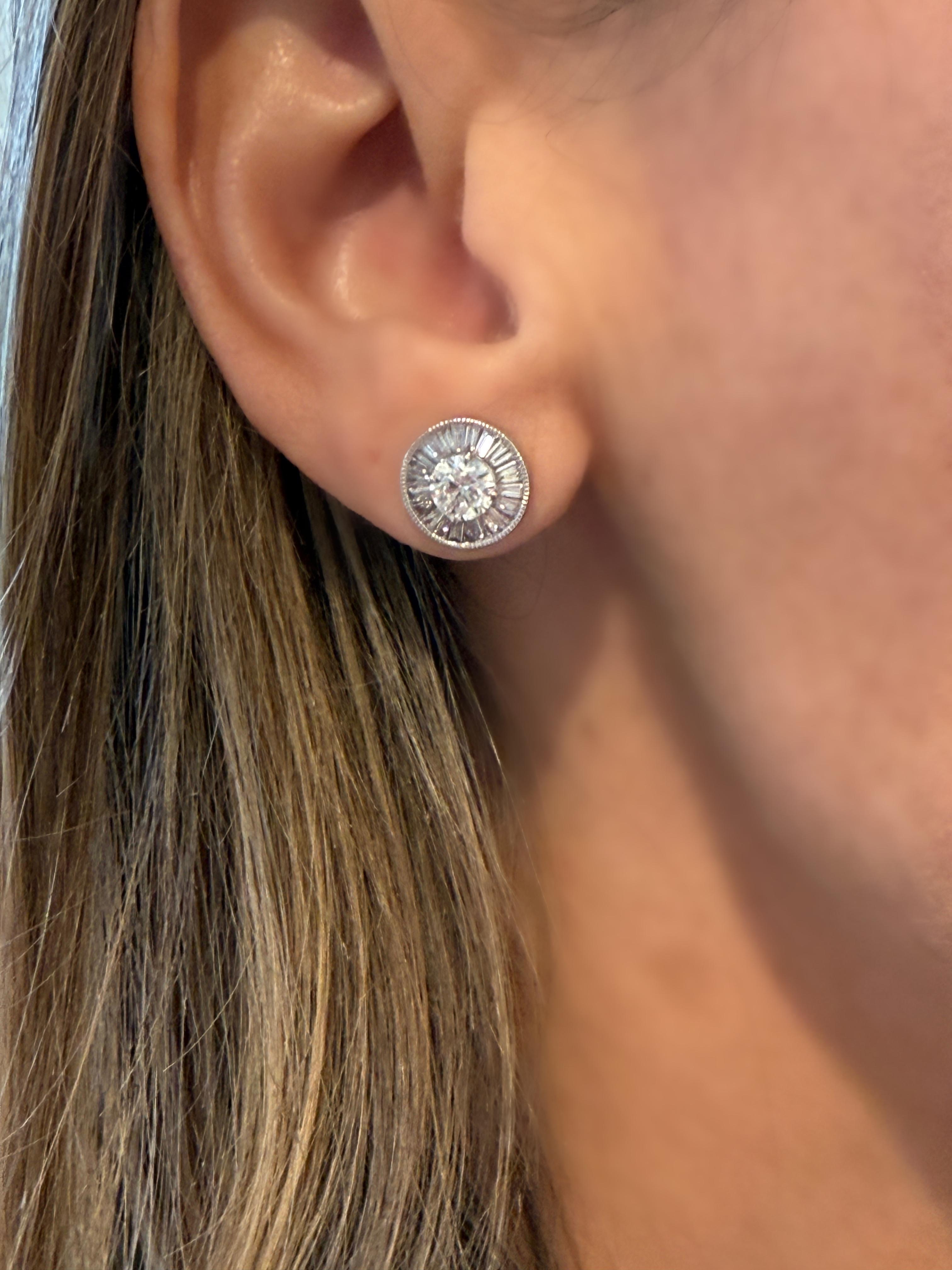 Round Cut Bezel set tapered baguette burst diamond stud earrings 14K yellow gold 1.46 ct For Sale