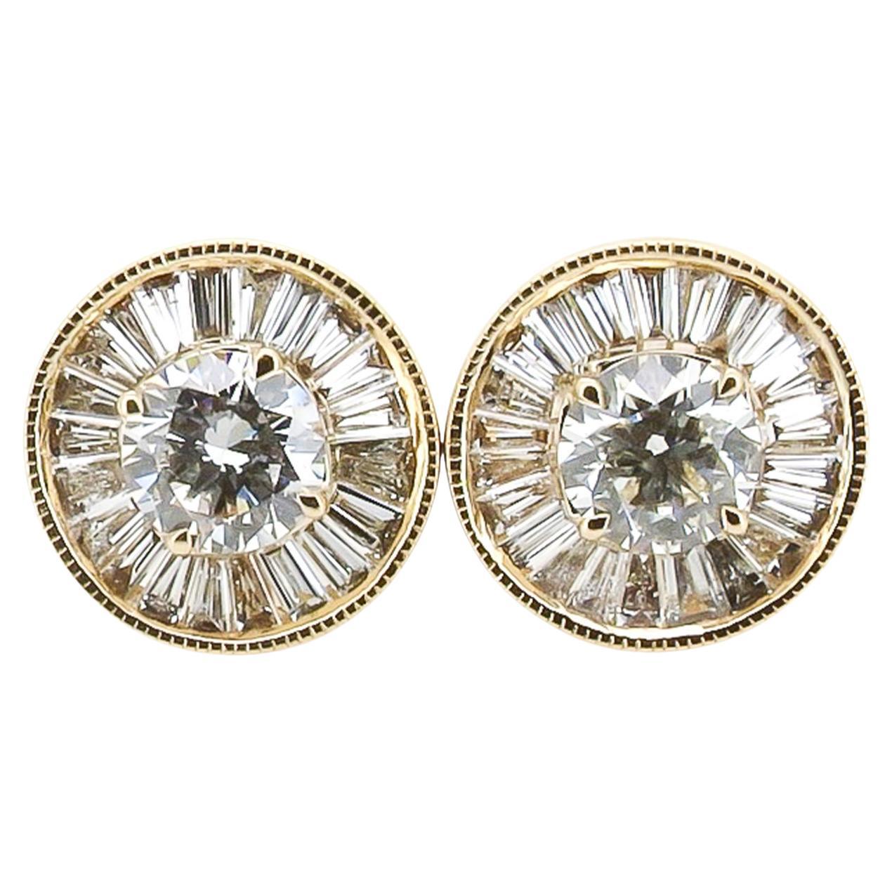 Bezel set tapered baguette burst diamond stud earrings 14K yellow gold 1.46 ct For Sale