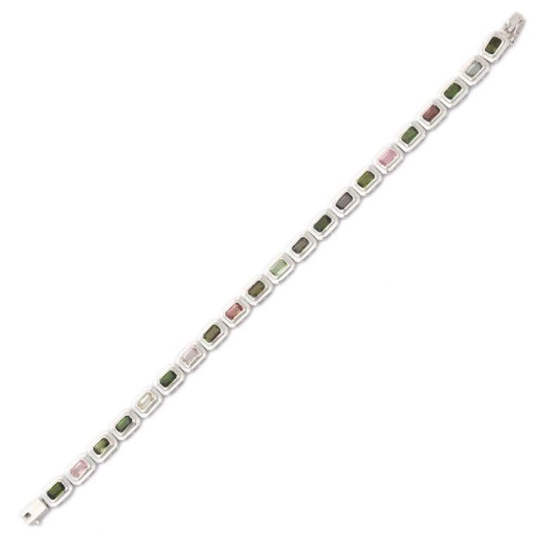 Contemporary Bezel Set Tourmaline Tennis Bracelet in Sterling Silver for Wedding For Sale