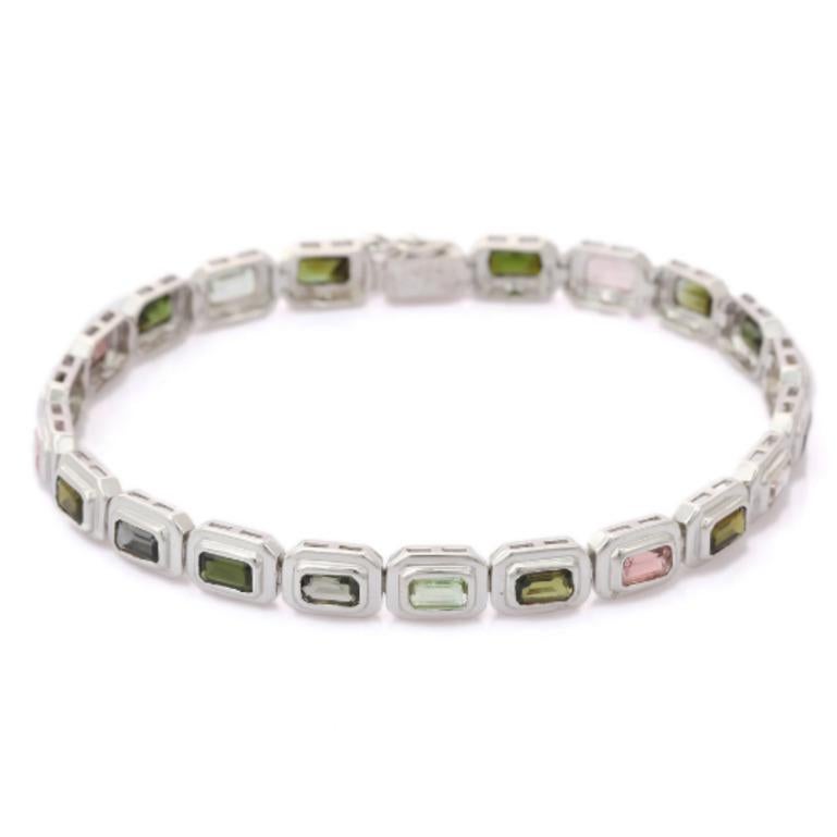 Turmalin-Tennisarmband mit Lünettenfassung aus Sterlingsilber für Mom Jewelry Gift (Achteckschliff) im Angebot