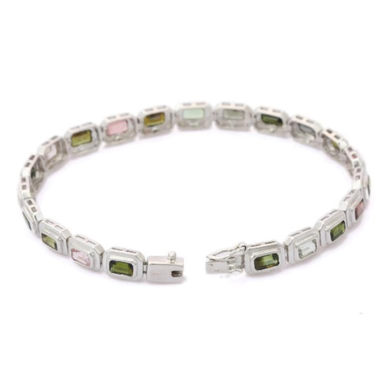 Women's Bezel Set Tourmaline Tennis Bracelet in Sterling Silver for Wedding For Sale
