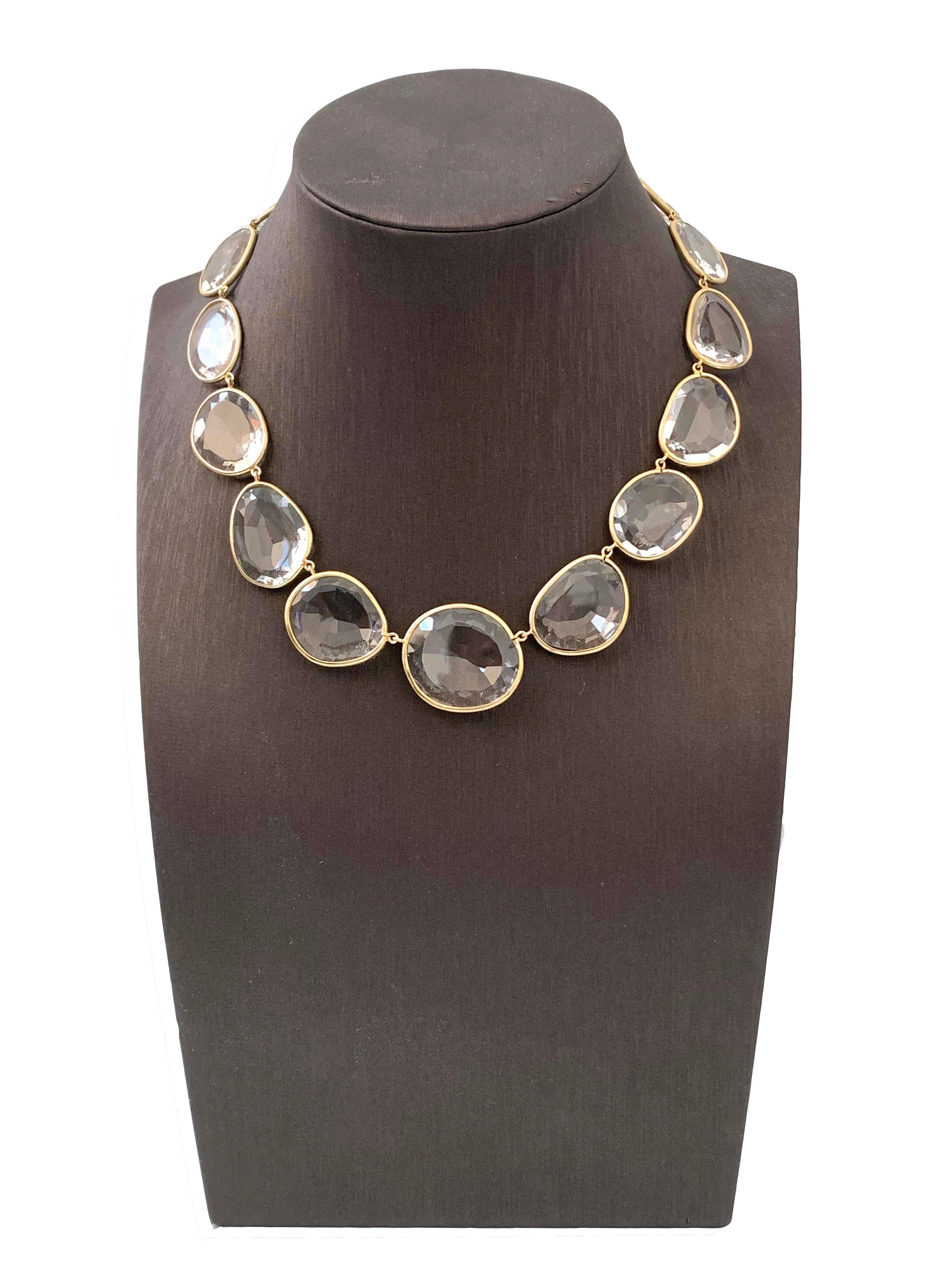 Discover Bezel set White Topaz Necklace. The necklace features 7 pieces of large unique fancy-shape rose-cut white topaz (281 ctw) individually hand set in vermeil 18k gold plated sterling silver. The stones on this necklace are very clear with no