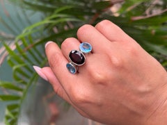 Bezel Setting Natural Multi Gemstone Three Stone Silver Ring in Luxury Gift
